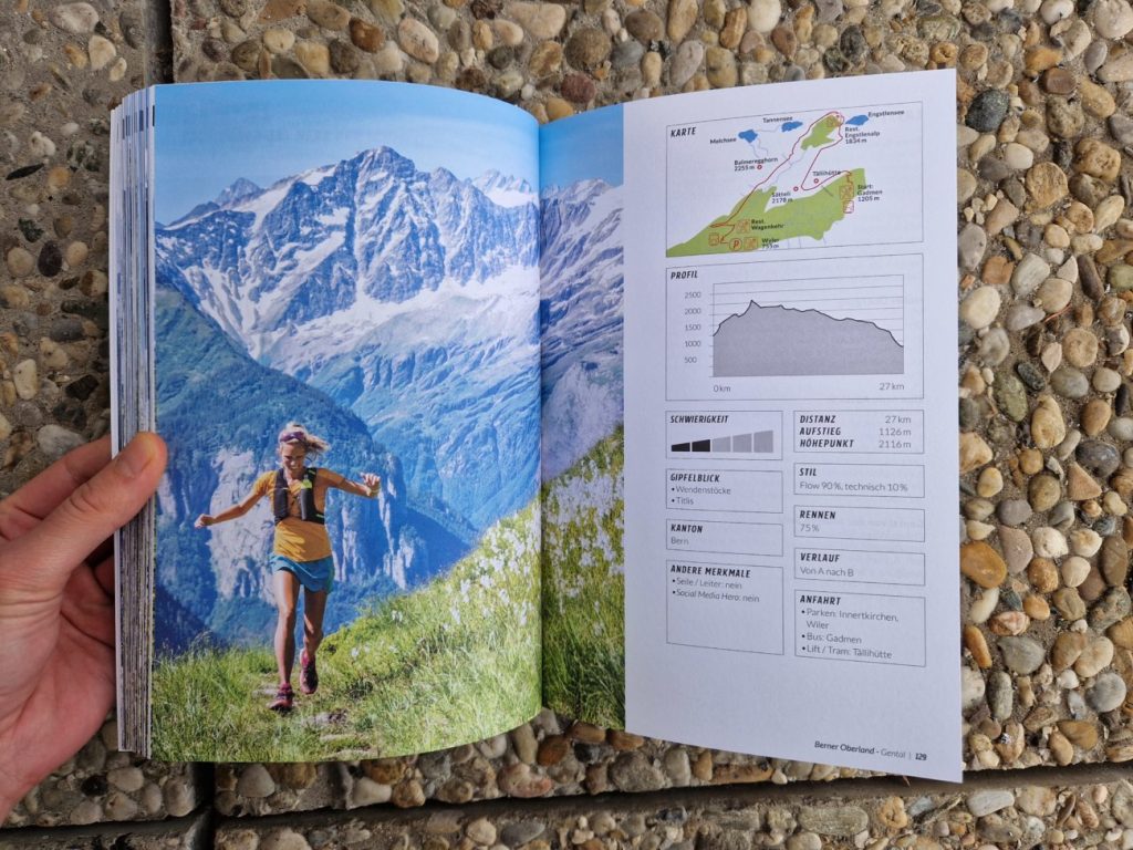 Läufer mit atemberaubendem Bergpanorama im Trail Running Schweiz Buch mit Karte, Höhenprofil und weiteren Infos