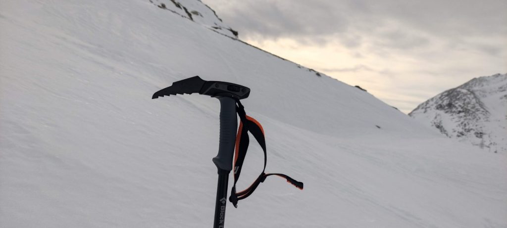 Die Haue des Black Diamond Whippet Ski Pole im Fokus, dahinter Berge
