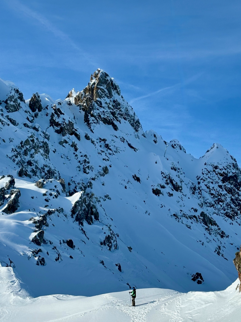Freerider mit der The North Face Summit Verbier GORE-TEX Jacke vor Bergkulisse