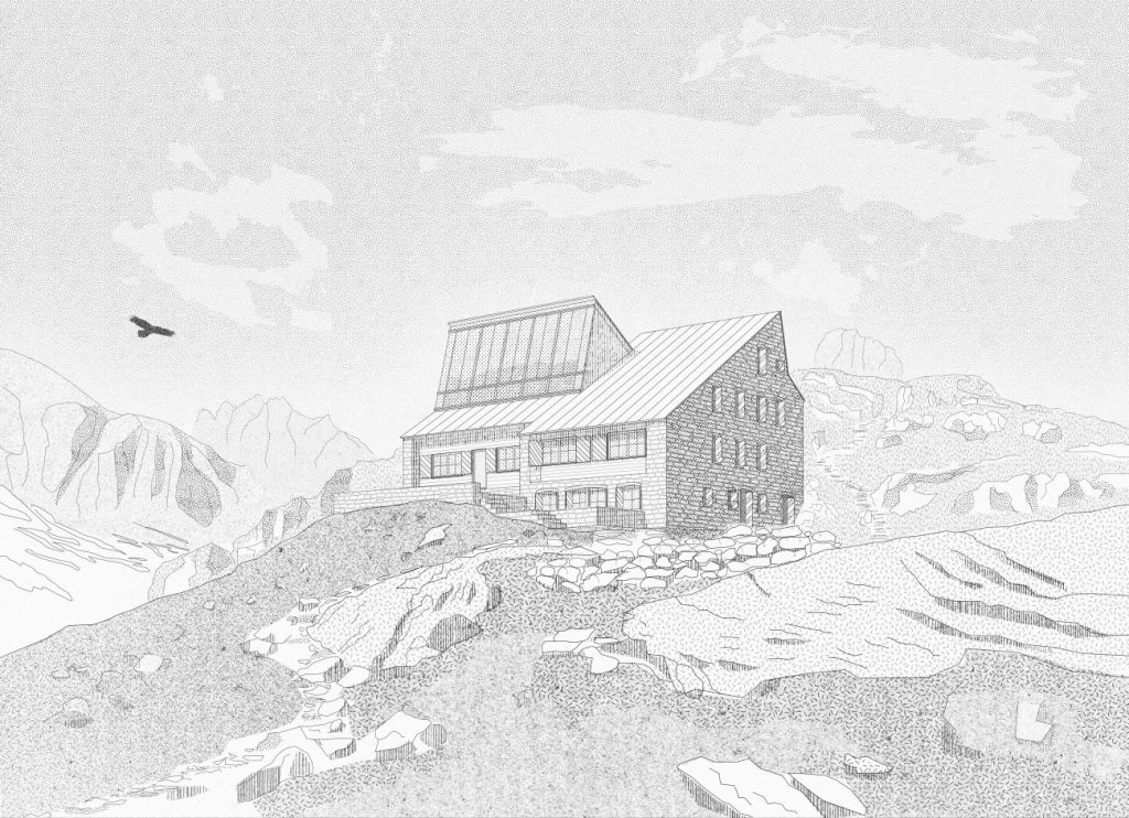 Erneuerung Etzlihütte SAC – Visualisierung der neuen Etzlihütte SAC von Baumann Lukas Architektur