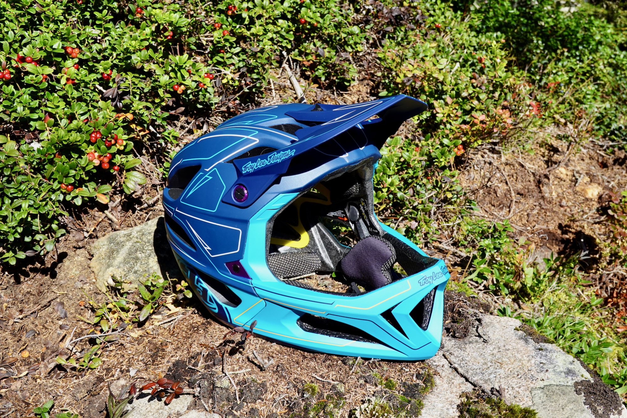 Troy Lee Designs Stage MIPS Helm in der Natur abgelegt auf einem Stein.