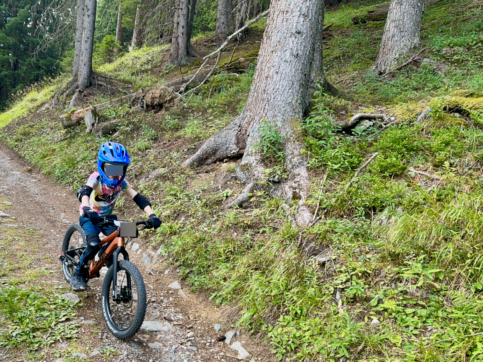 Kind fährt das woom OFF 4 über einen schmalen Pfad im Wald, zeigt Konzentration und Geschicklichkeit.