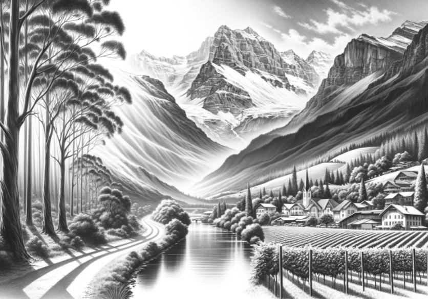 DALL·E-2023-12-21-10.20.10-A-wide-pencil-sketch-in-black-and-white-that-captures-the-contrasting-landscapes-of-the-Australian-Alps-and-the-Swiss-Alps.-The-scene-should-transitio